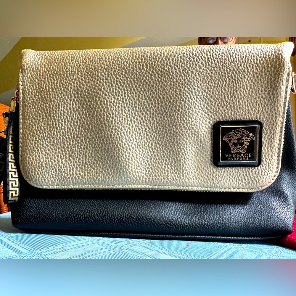 VERSACE Parfums Gold Black Faux Leather Clutch Crossbody Bag.